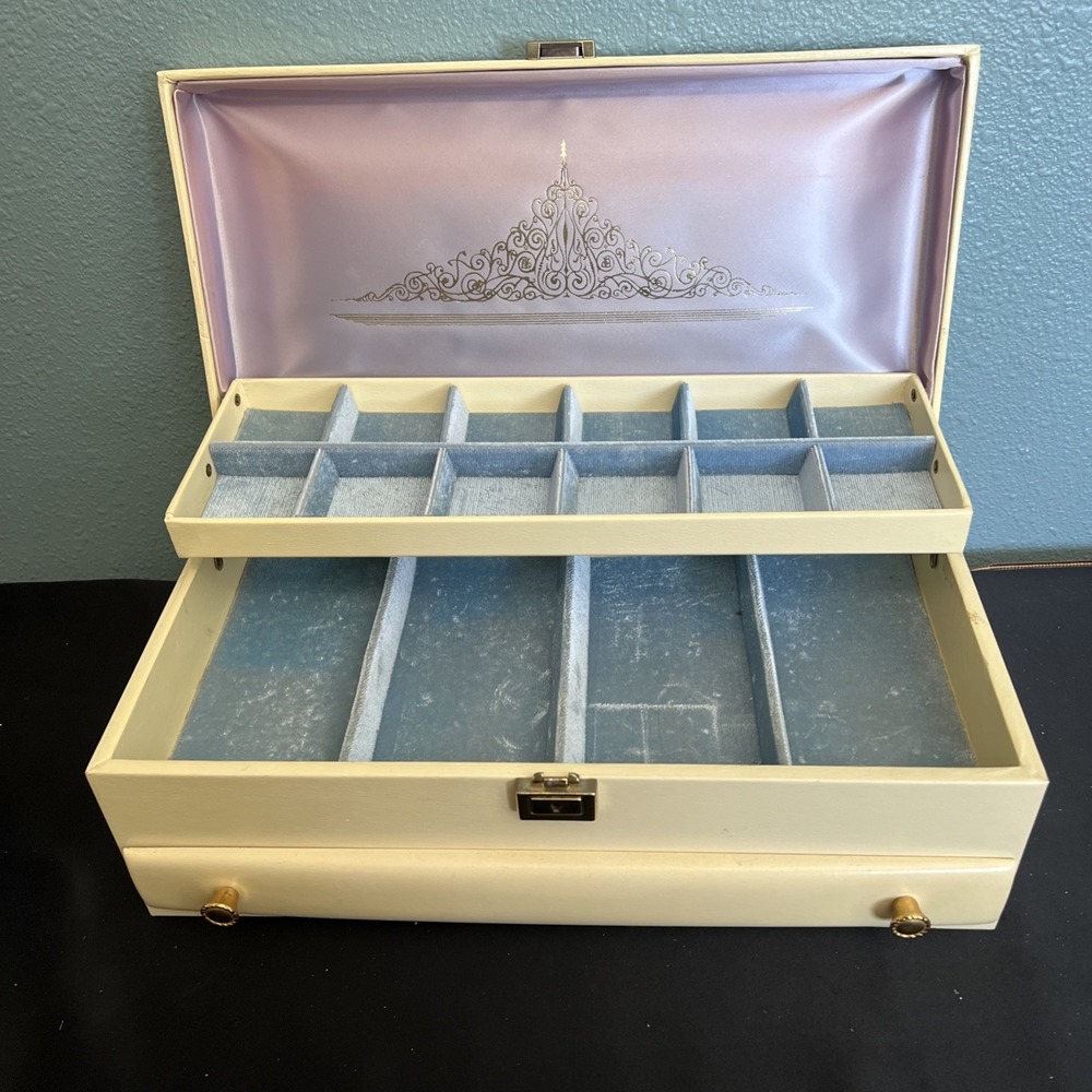 Vtg Large Lady Buxton Jewelry Box Multi Drawers Mid Century Modern Blue Velvet - Picture 8 of 16